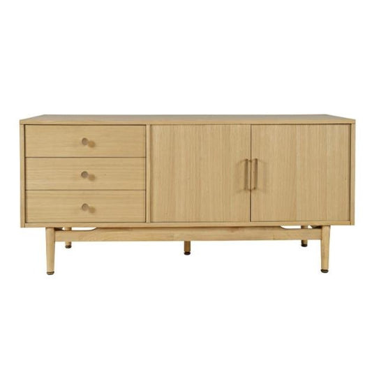 Wooden sideboard with three drawers and two cabinet doors.