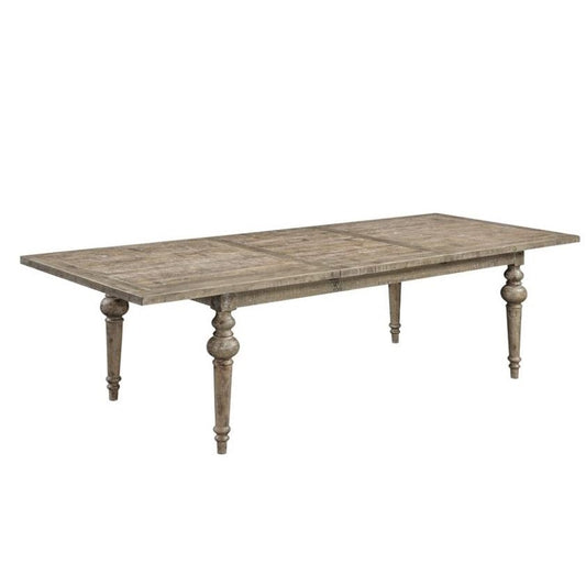 Rustic wooden dining table with turned legs.