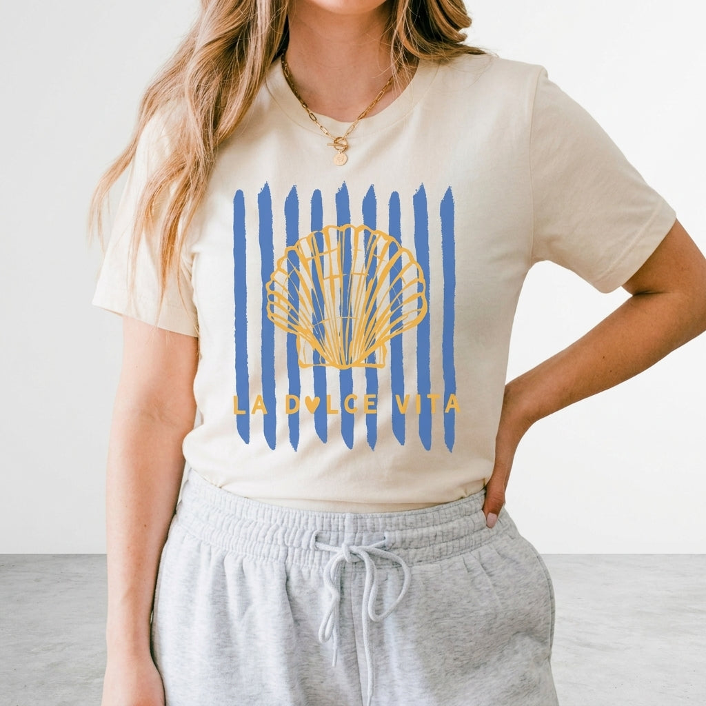 Casual outfit with "La Dolce Vita" seashell T-shirt design.