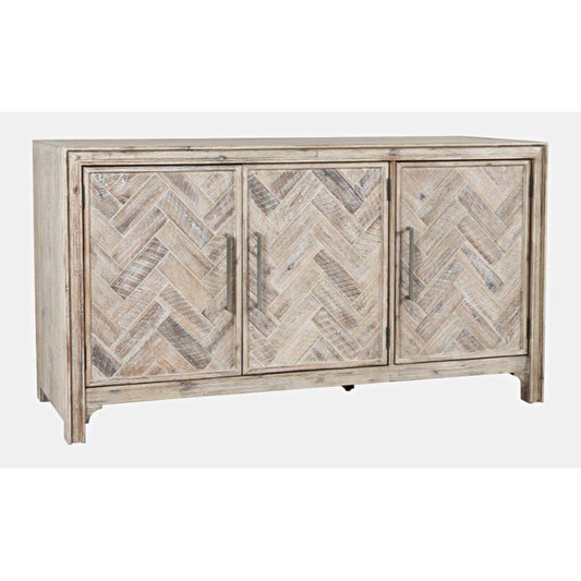 Rustic wooden sideboard with herringbone pattern and three doors.