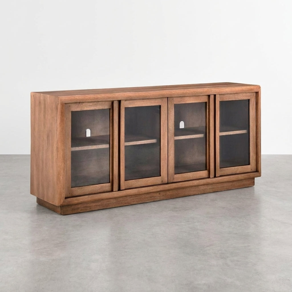 Wooden cabinet with glass doors, one door open.