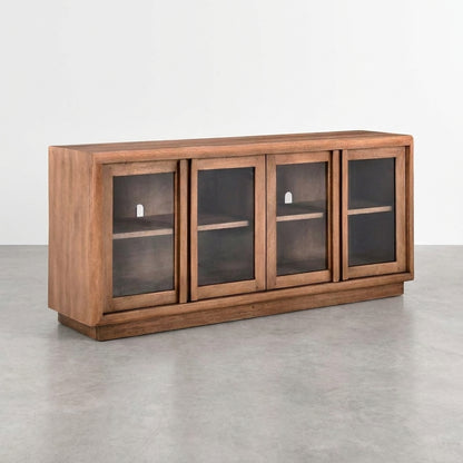 Wooden cabinet with glass doors, one door open.