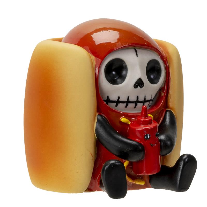 Cute skeleton figure in a hotdog suit holding a ketchup bottle.