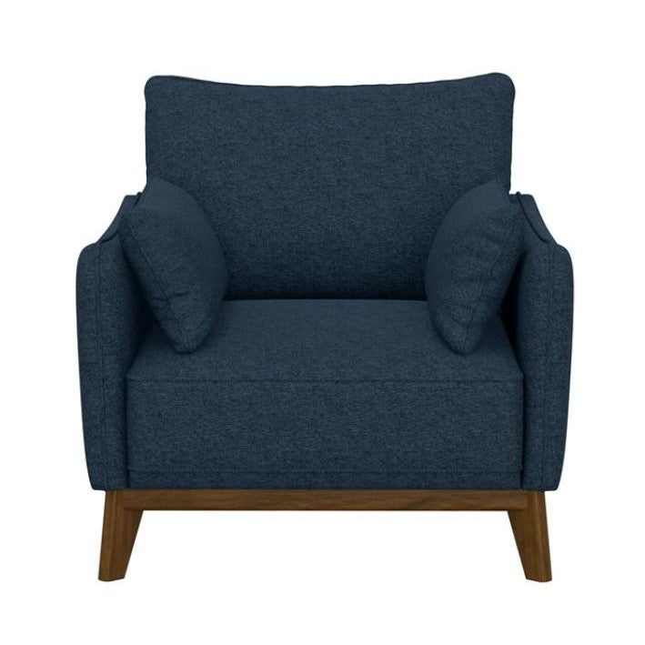 Dark blue armchair with wooden legs.