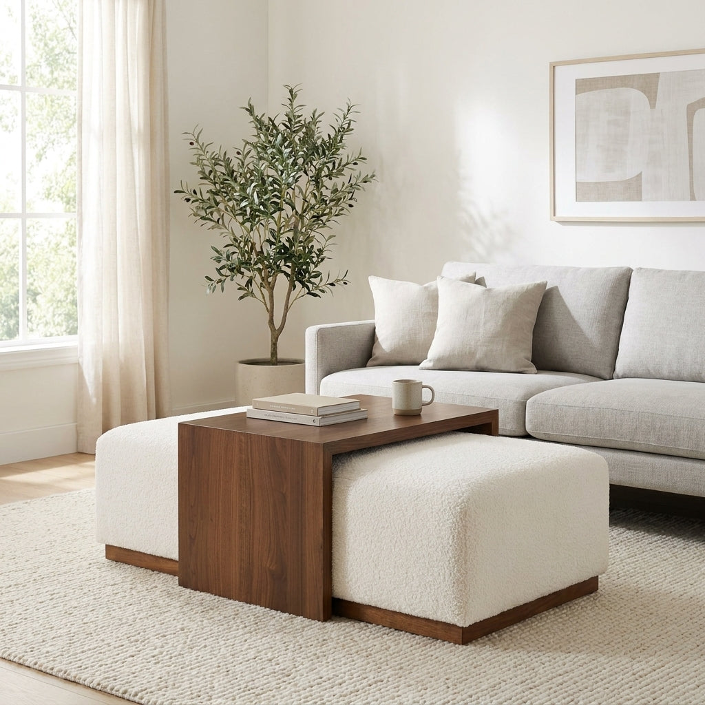 Modern ottoman with white cushions and wooden center table.
