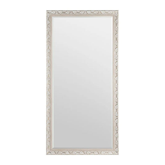 Rectangular ornate mirror with floral-patterned white frame.
