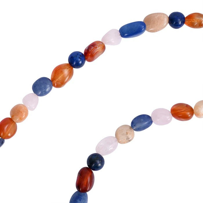 Multicolored gemstone necklace on white background.