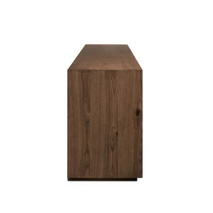 Side view of a wooden cabinet with a sleek, minimalist design.
