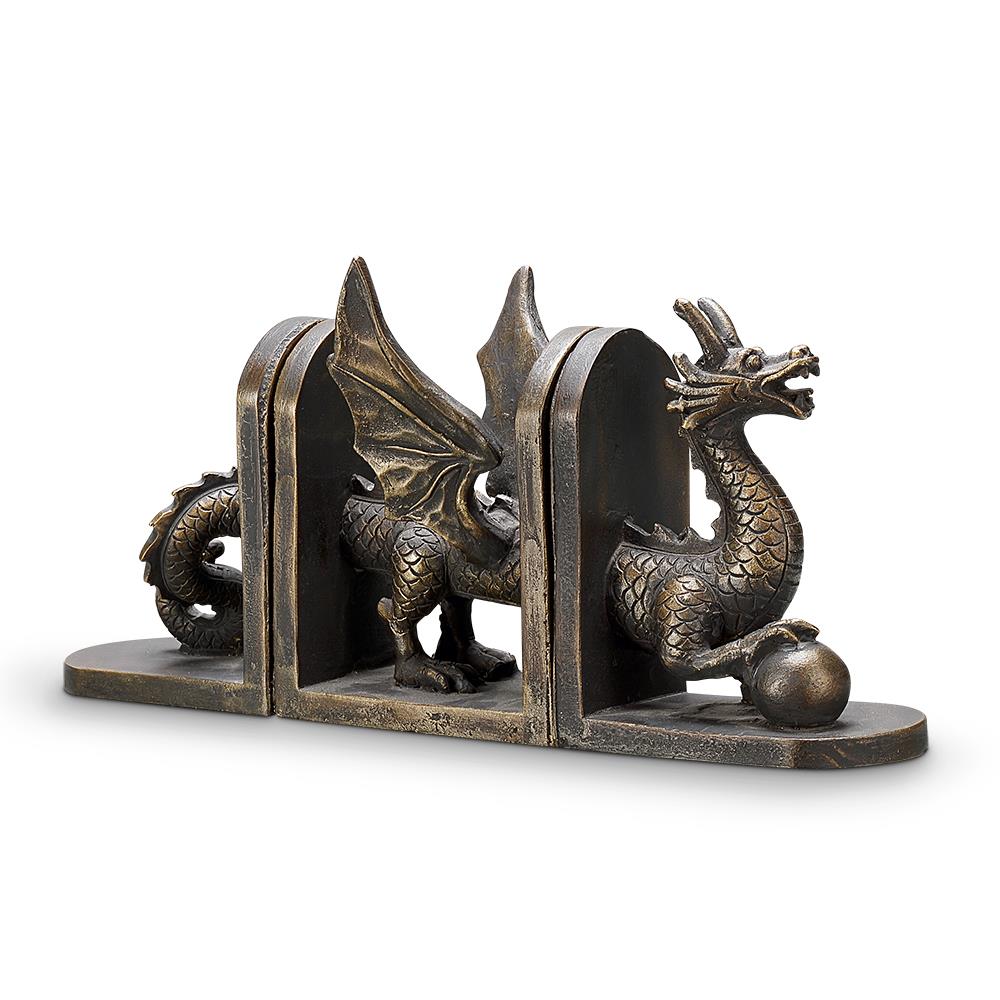 Bronze dragon bookend with wings and detailed scales.