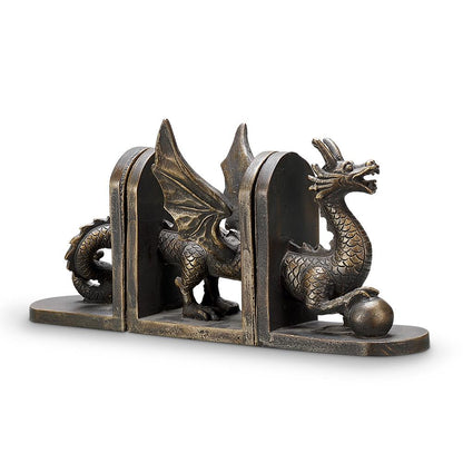 Bronze dragon bookend with wings and detailed scales.
