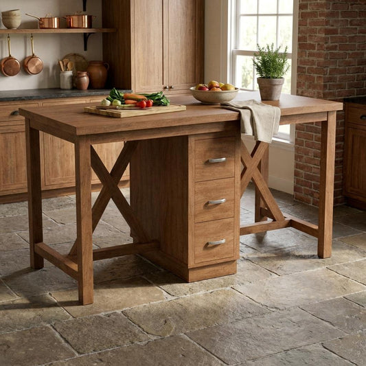 Rustic kitchen with wood island and fresh produce on cutting board.