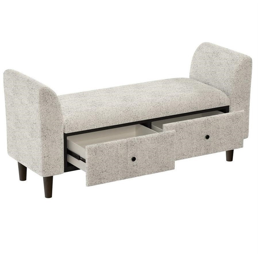 Gray storage bench with two open drawers and rounded armrests.