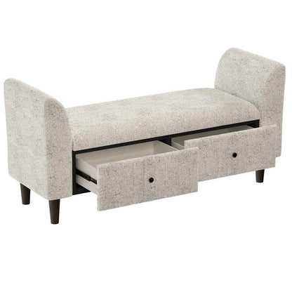 Gray storage bench with two open drawers and rounded armrests.