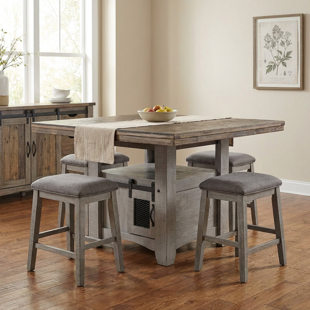 Rustic wooden table with a storage compartment and metal accents.