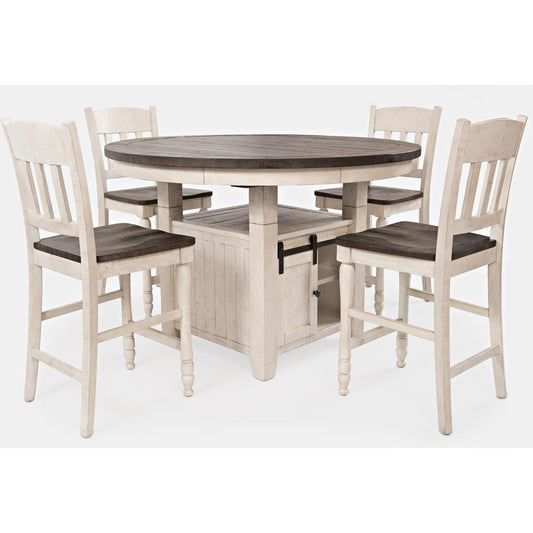 Rustic round table with four matching slatted chairs.