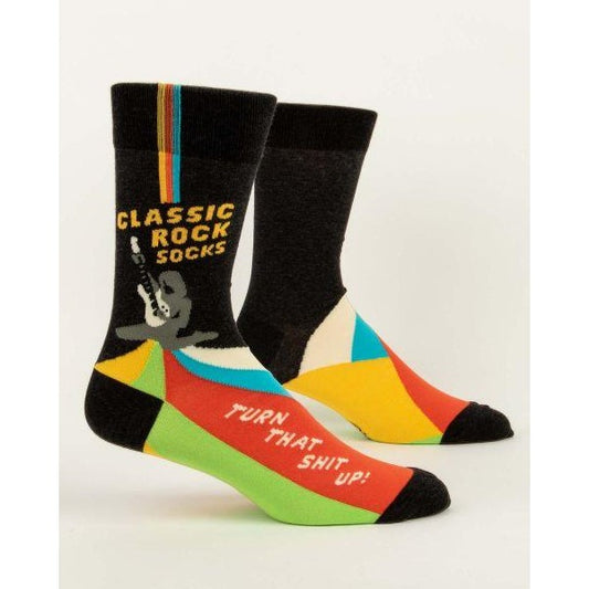 Colorful socks with "Classic Rock Socks" design and a playful phrase.