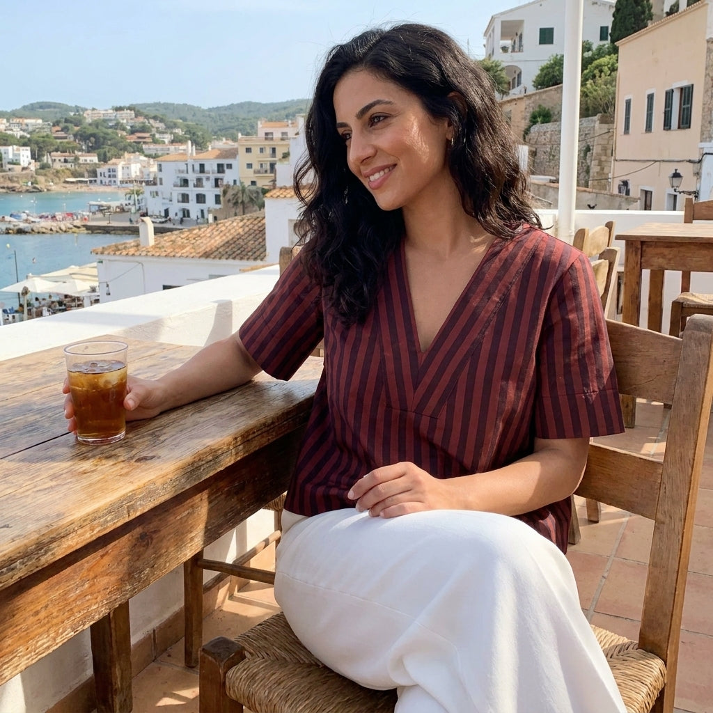 Woman enjoying a drink at a sunny seaside cafe terrace.