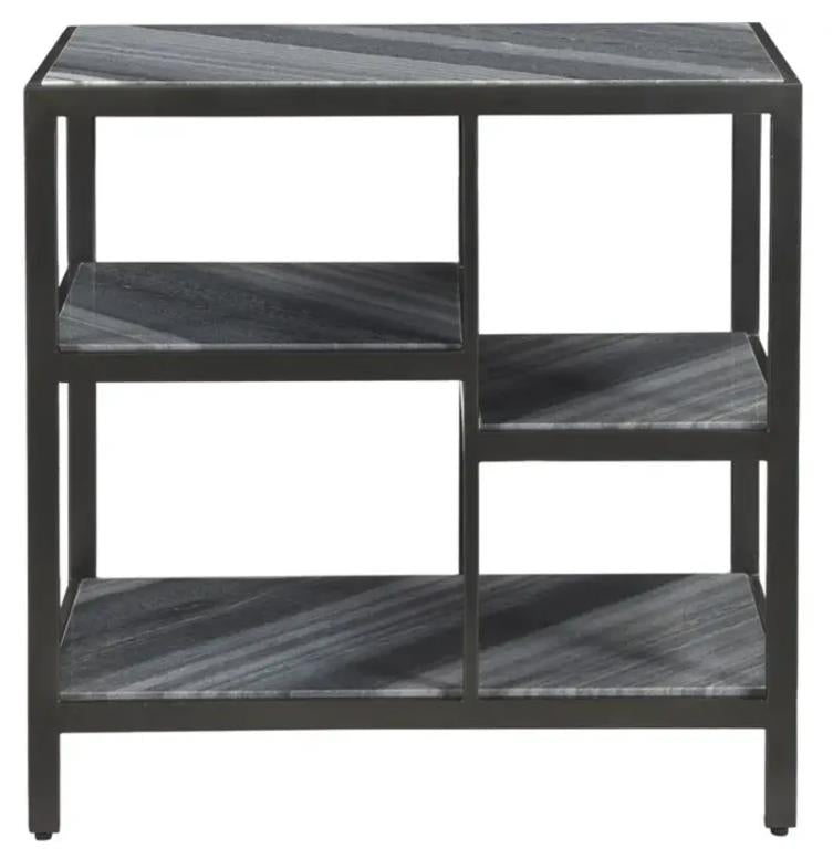 Modern black shelving unit with asymmetrical design.