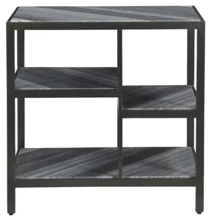 Modern black shelving unit with asymmetrical design.