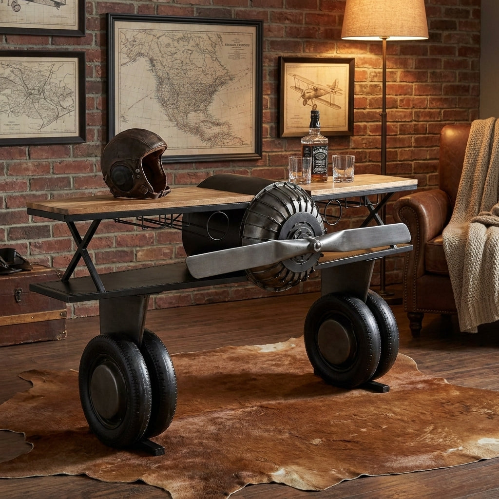 Airplane-themed desk with wooden top and black metal body, resembling a vintage aircraft.