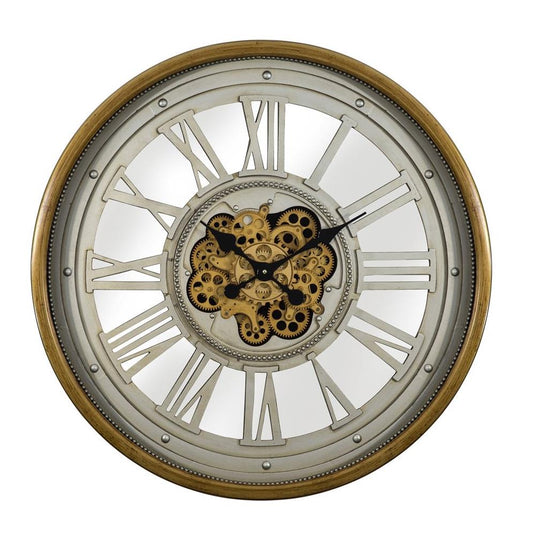 Vintage clock with Roman numerals and exposed gears.