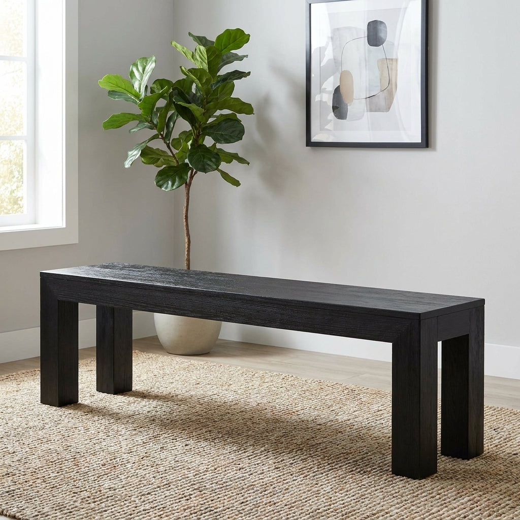 Sleek black wooden bench with minimalist design.