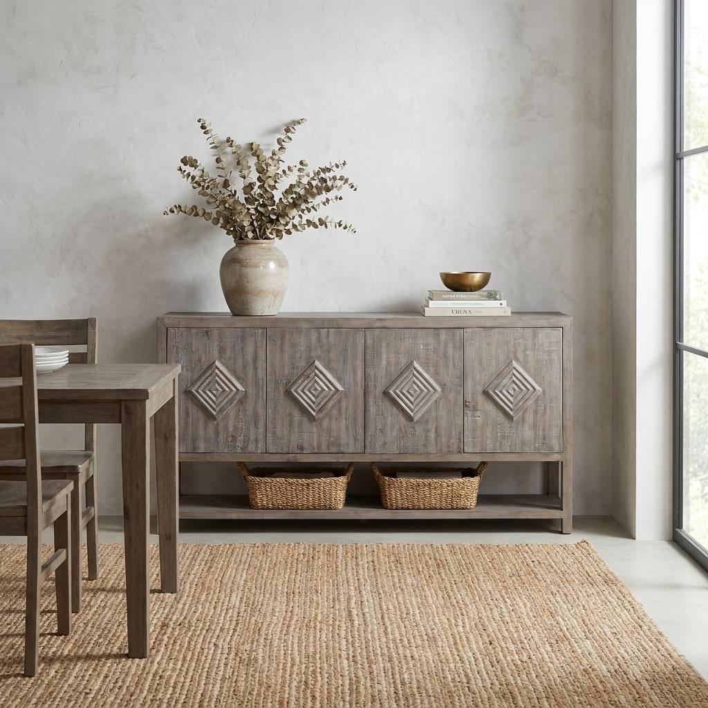 Gray wooden sideboard with geometric patterns and an open shelf underneath.
