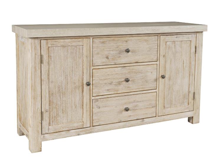 Wooden sideboard with two doors and three drawers.
