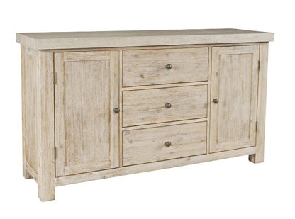 Wooden sideboard with two doors and three drawers.