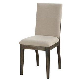 Upholstered chair with a beige fabric seat and back, and wooden legs.