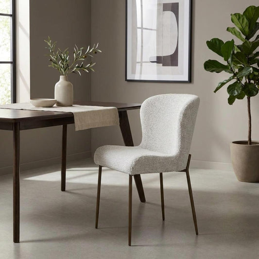 Minimalist dining area with chair, table, and plant.
