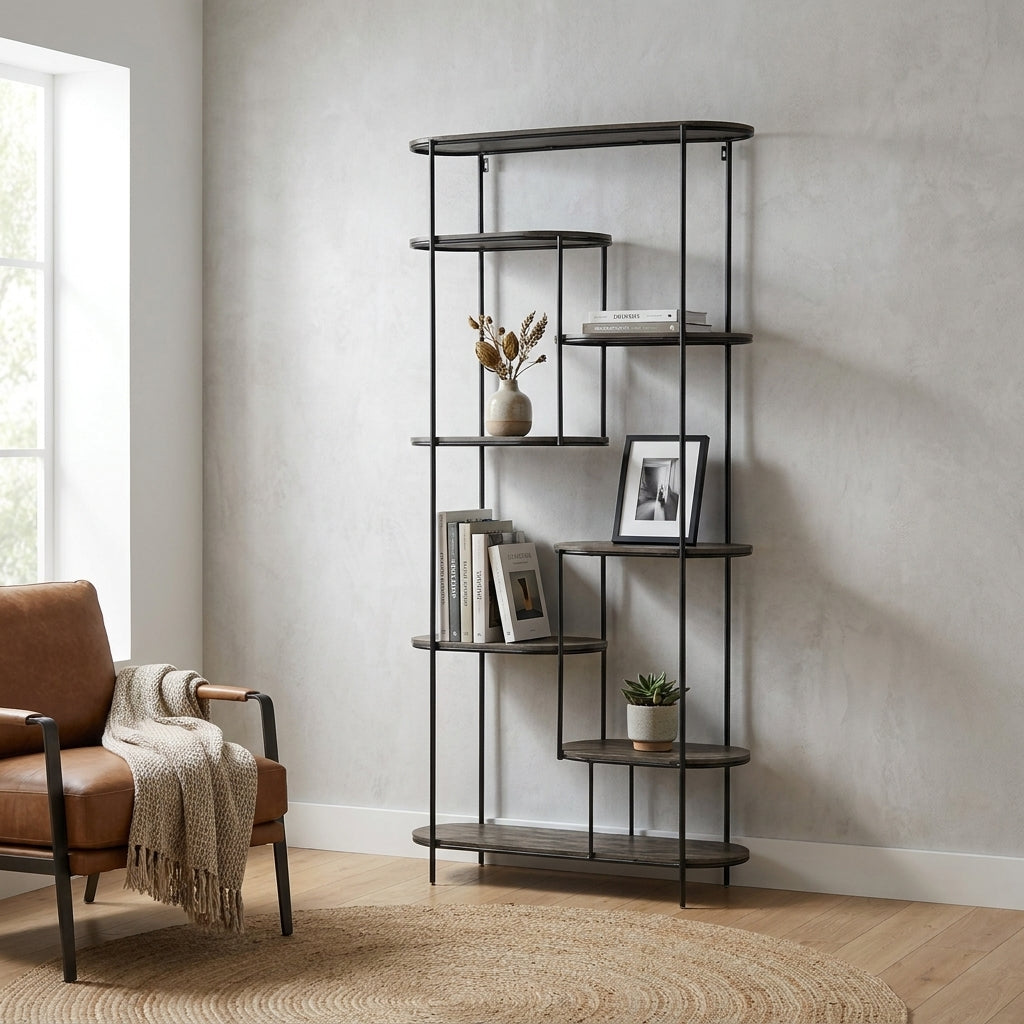 Modern metal shelving unit with geometric design.