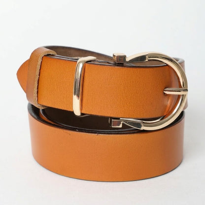 Tan leather belt with a shiny gold buckle, rolled up neatly.