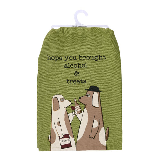 Two dogs on a towel with "hope you brought alcohol & treats" text.