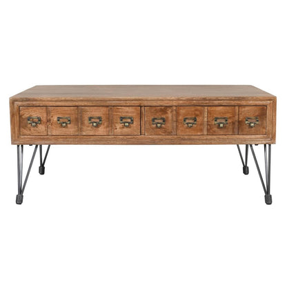 Retro wooden coffee table with metal legs and multiple drawer-style compartments.