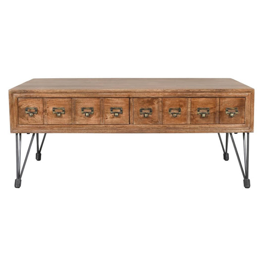 Retro wooden coffee table with metal legs and multiple drawer-style compartments.
