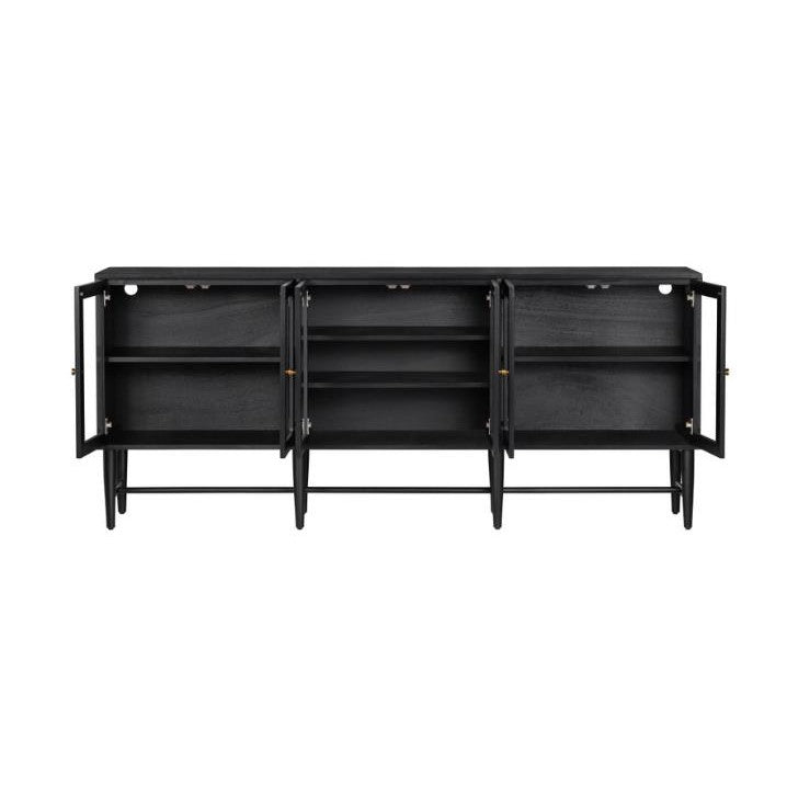 Black sideboard with three open cabinets and shelves.