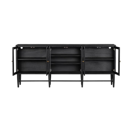 Black sideboard with three open cabinets and shelves.