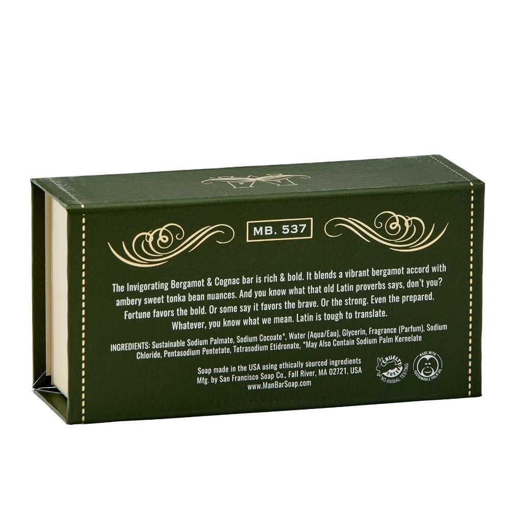 Green soap box with descriptive text and decorative swirls.