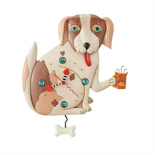 Whimsical dog wall clock holding coffee, with bone pendulum and colorful numbers.