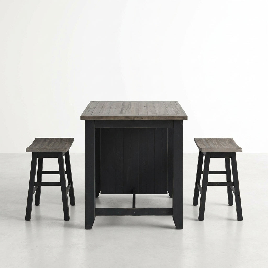 Wooden table and stools set with a rustic design.