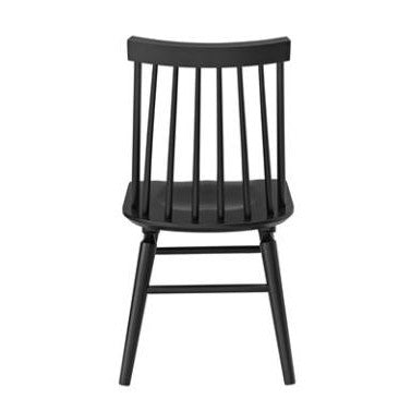 Black wooden chair with spindle backrest, viewed from the front.