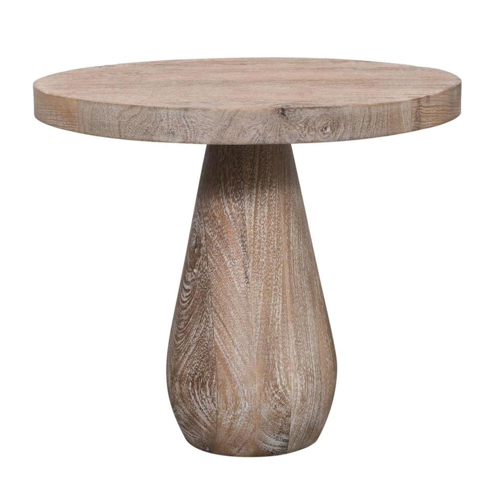 Round wooden table with a conical base.