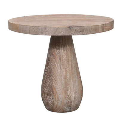 Round wooden table with a conical base.