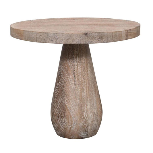 Round wooden table with a conical base.