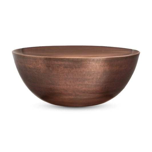 A round, smooth, copper-colored metal bowl.