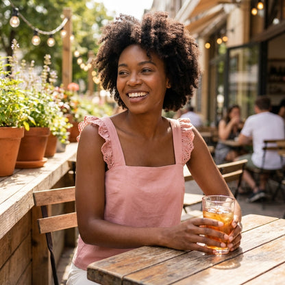Woman in pink, smiling with iced drink at outdoor cafe.