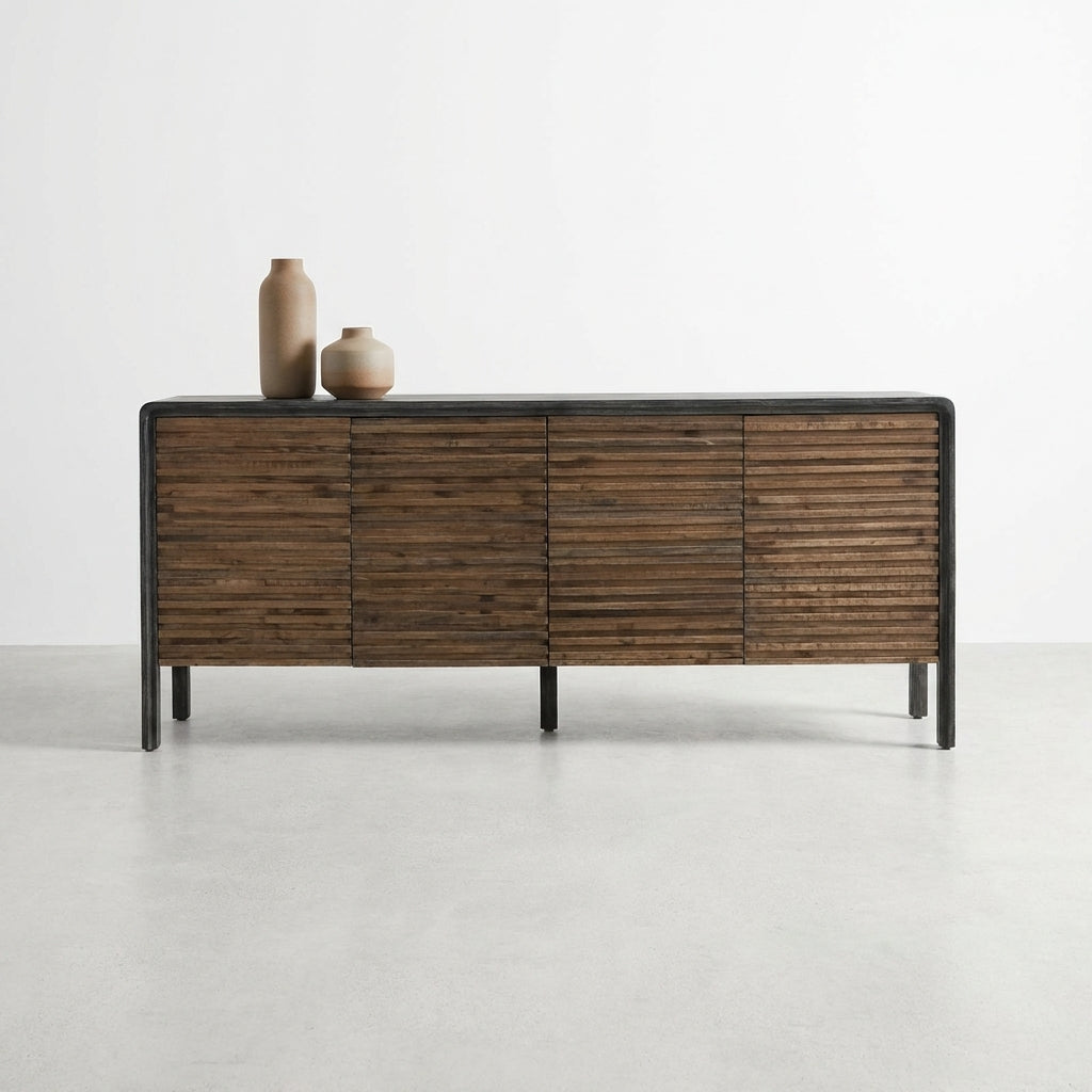 Wooden sideboard with open shelf and two doors ajar.