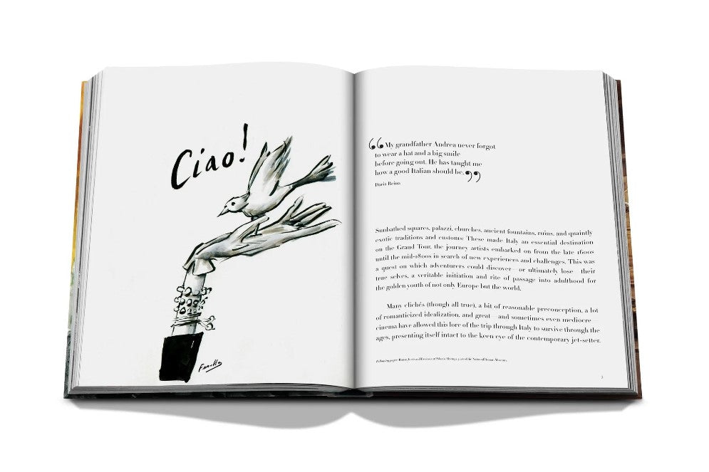 Open book with "Ciao!" and a hand releasing birds sketch.