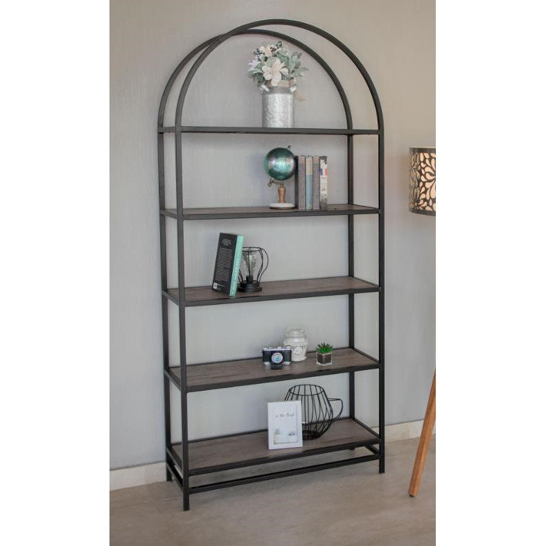Arched shelf with plants, globe, books, and decor items on multiple levels.